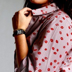 Anthropologie Maeve 0P Petite Classic Slim Button Down Lips Print NWT Valentines